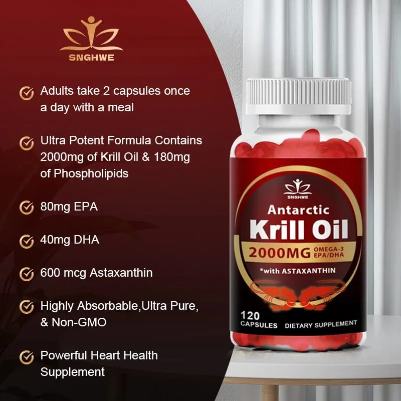 Aceite de krill antártico, 2000 mg por porción, con omega-3, EPA DHA y astaxantina, apoya la salud de las articulaciones, el cerebro, el corazón y la presión arterial