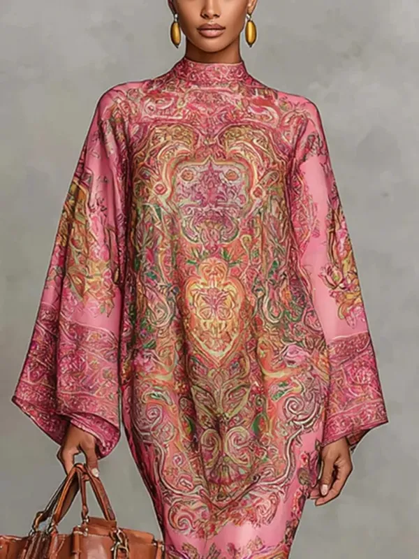Yeezzi 2026 New Retro Classic Printed Party Evening Midi Dresses Loose Batwing Sleeves Elegant Ramadan Church Kaftan Dress Robe