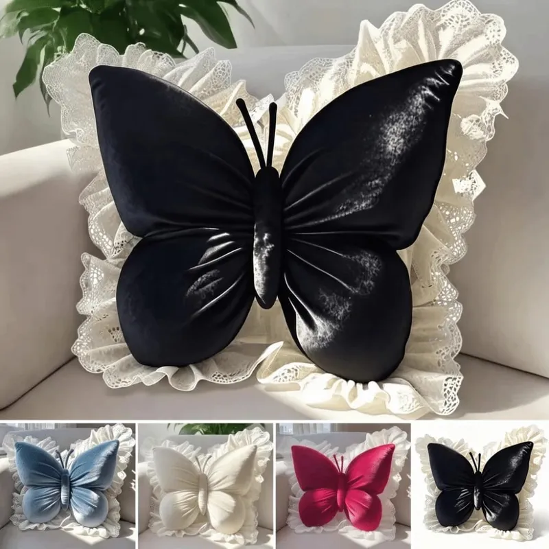 Elegant Velvet Butterfly Pillow Soft Lace Trim Bow Cushion Cute Bow Throw Pillow Gifts