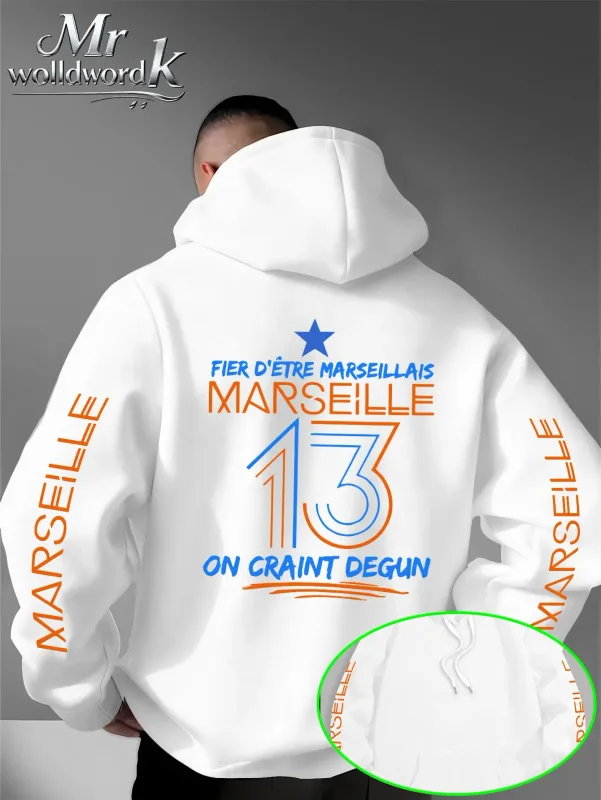 Men Marseille 13 City Graphic Hoodie Multi‑Print Sleeve Back Letter Hooded Sweatshirt Autumn Winter Fleece Loose Hoodie