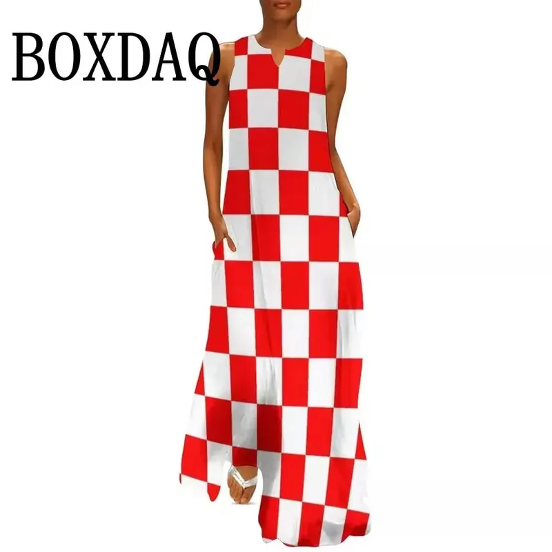 Retro Kontrast Renk 3D Baskı Elbiseler Kadınlar Için 2025 Yaz Moda Sokak Giyim Gevşek Plaj Uzun Elbiseler Rahat Tankı Maxi Elbise