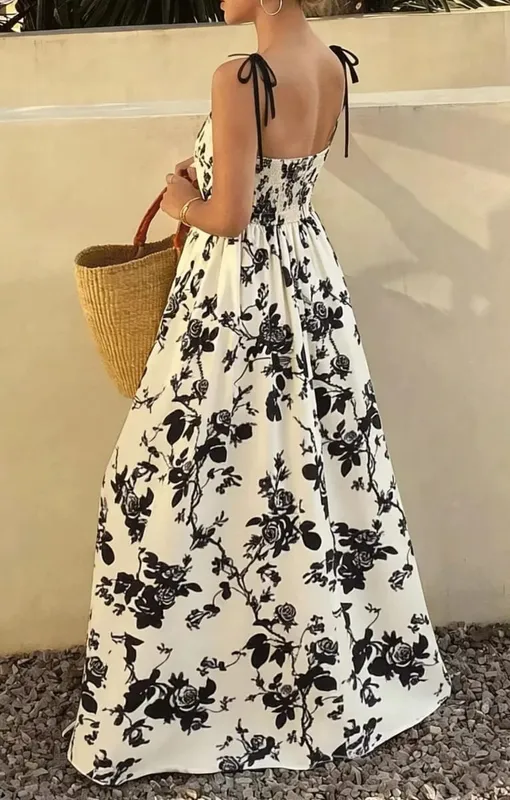 Summer Female Floral Dress French Style Elegant Slim Waist Large Hem Woman Strap Dress Vintage Lady Dresses