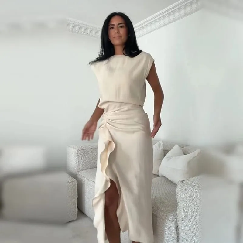 Elegant Beige Cap Sleeve Midi Dress Women Chic Round Neck Ruched Waist Ruffle High Slit Casual Gown Formal Office Party Dresses