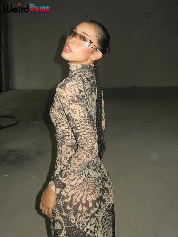 Weird Puss Mesh Print Dámské Maxi Šaty Rolák s rukávem Bodycon Podzim Trendy Bokovky High Street Party Y2K Oblečení