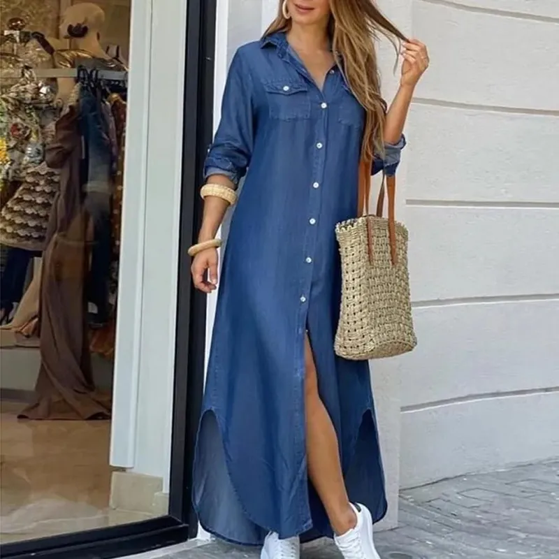 Robe longue en Denim pour femmes, manches longues, chemise, avec poches, boutons, imprimée, décontractée, ample, nouvelle collection automne 2023