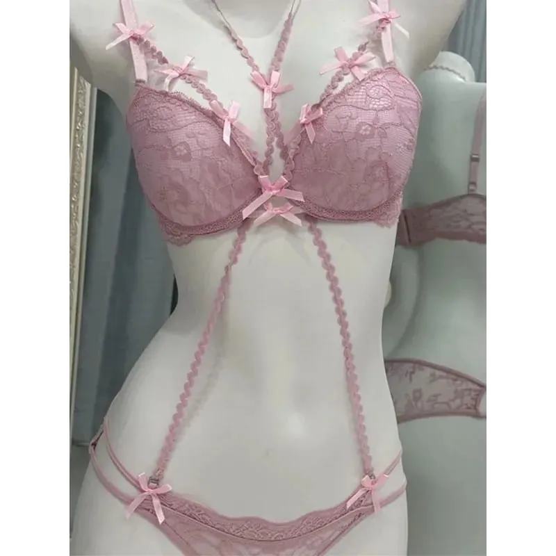 Boho Layered Lace Halter Bra Set - Hollow Out Bow Design Top Inner Red Lace Up Bra Summer Beach Two Piece Lingerie Set MOYISU