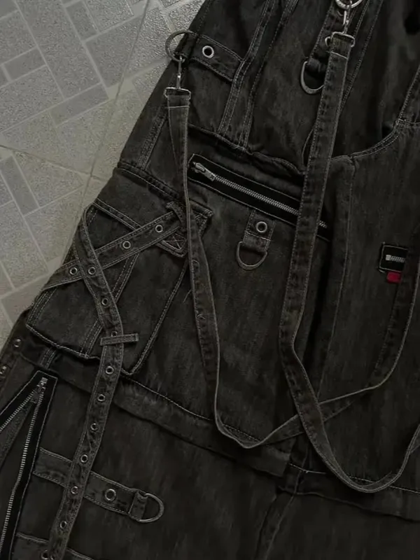 Mens Jeans Harajuku Vintage Gothic Punk Dark Grey Cargo Denim Pants Metal Buckles Chains Multi Pocket Adjustable Strap Y2K New