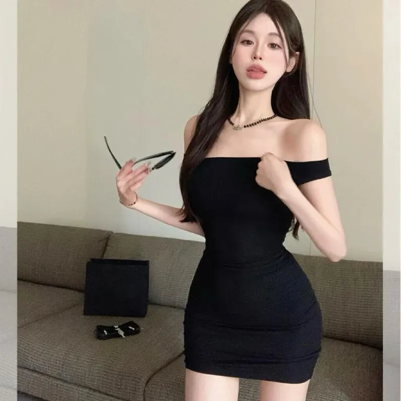Svart Sexig Off Shoulder Klänning För Kvinnor Spicy Girl Smal midja Bodycon Kort pennkjol Eleganta klubbfestklänningar