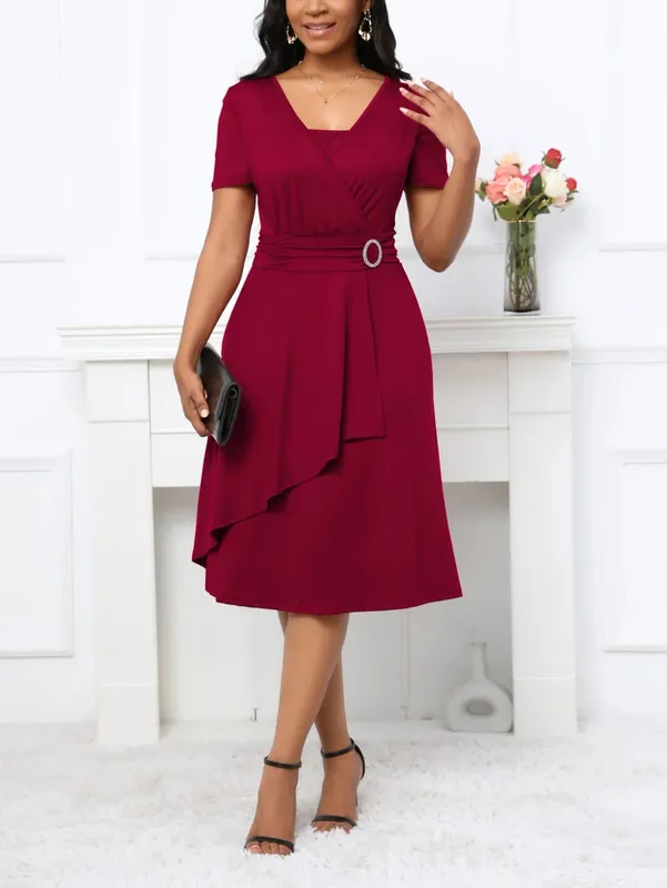Womens Short Sleeve Summer Square Neck Casual Wrap Fit And Flare Solid Color Swing Midi Dress
