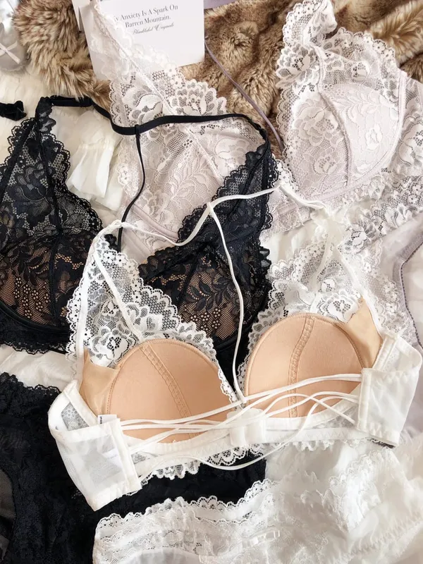 Sexy Lace Embroidery Women Lingerie Set French Thin Cup Halter Bikini Bra High Quality Push Up Bralette Backless Underwear Set