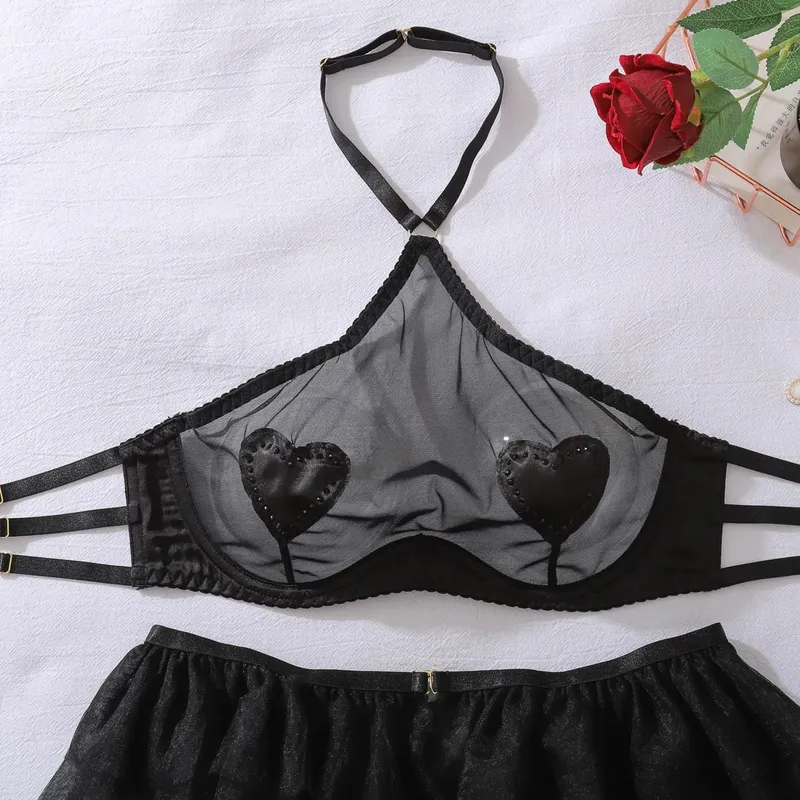 New Fashion Mesh See Through Halter Neck Lingerie Set Women Sexy Perspective Three-point Style with Stockings Shaping Split Set