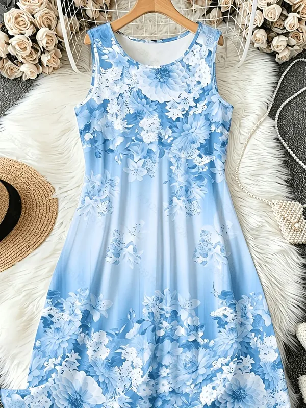 2026 Summer Women's Sleeveless Dresses Knee-Length Round-Neck Dresses Beachy Casual Dresses 3D-Printed Loose-Fitting Dresses