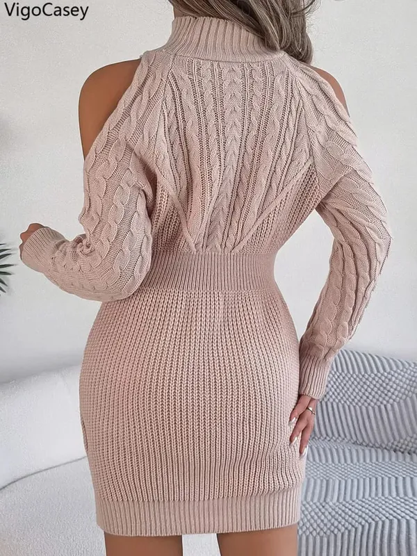 VigoCasey 2026 Women Casual Short Knit Dress Autumn Winter Hollow Long Sleeve Bodycon Dress Lady Pink High Neck Knitted Dresses