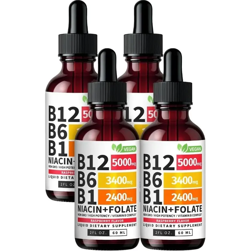 Vitamin B12 B6 Liquid Drops 60ml B Complex with B1 Niacin Folate Raspberry Vegan Daily Wellness Supplement 40 Servings Adults