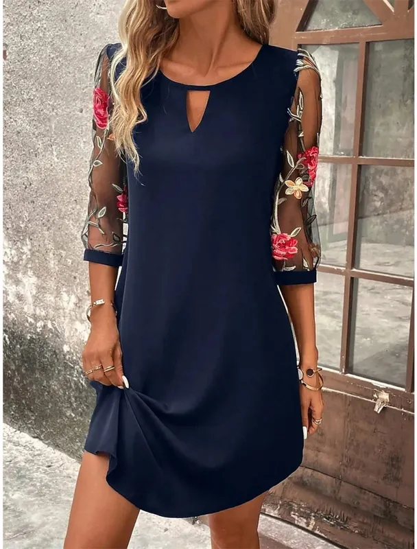 2026 Women's Summer Dresses Trendy Lace Splice Embroidery Mesh Mini Dress Three Quarter Sleeve Round Neck Casual Dress for Women