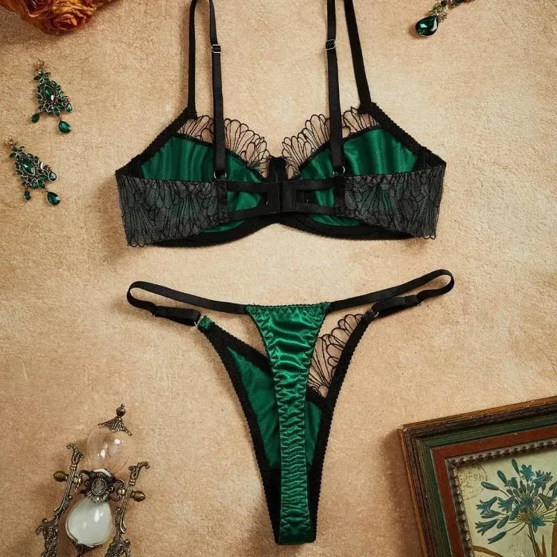 Ultra Sexy Lingerie Set Women Retro Vintage French Satin Splicing Embroidery Bra Thong Panties Erotic Underwear Suit 2026 New