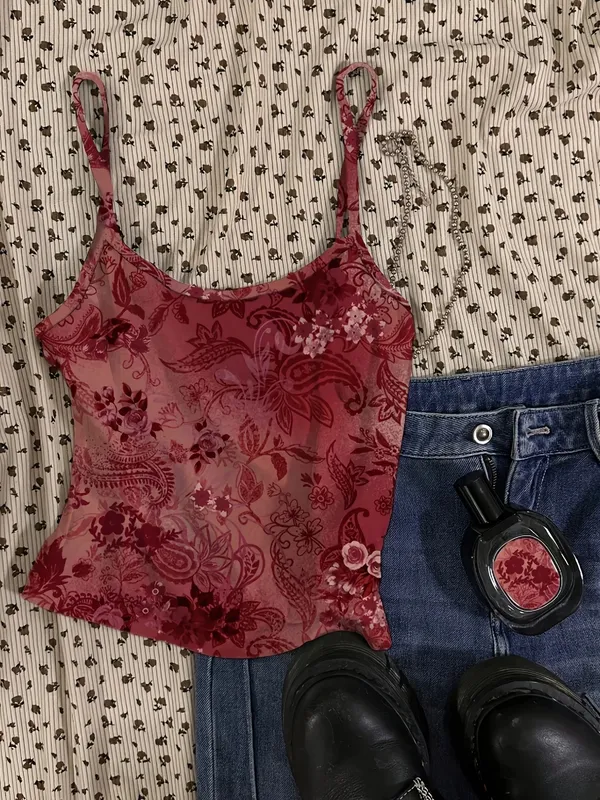 Vintage Floral Pattern Red Sexy Vest Women's Short Top