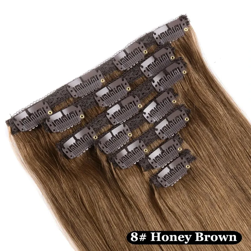 Doreen Clip Cheveux Clips en 100% Cheveux Humains Clip dans Extensions de Cheveux Véritables Pinces à Cheveux Naturelles Cousues sur Trame Brun Foncé 110G à 200G — image 11