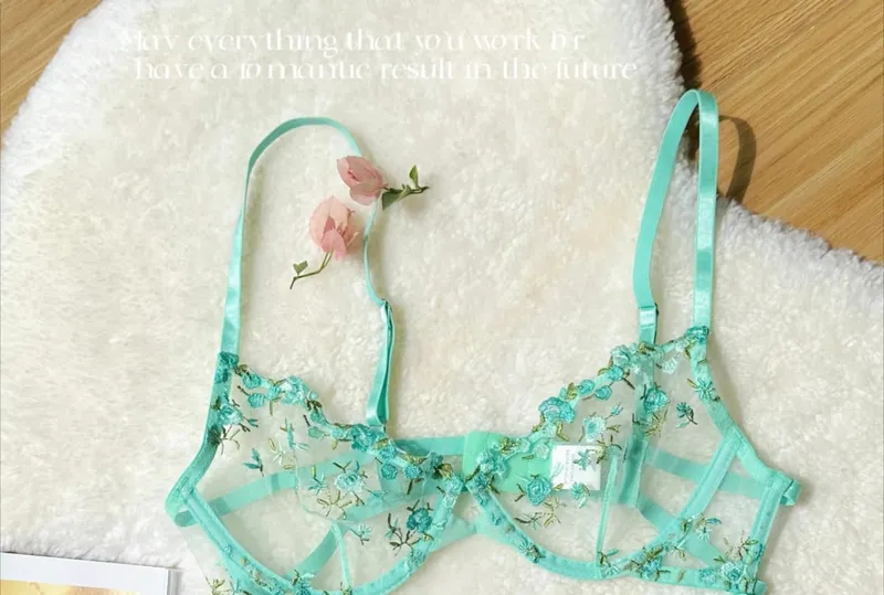 Kawaii Japanese Lingerie Set Sheer Tulle Pink Floral Embroidery Bra Bralette sek-si Pure Matching Set BANERDANNI Tushy Bras