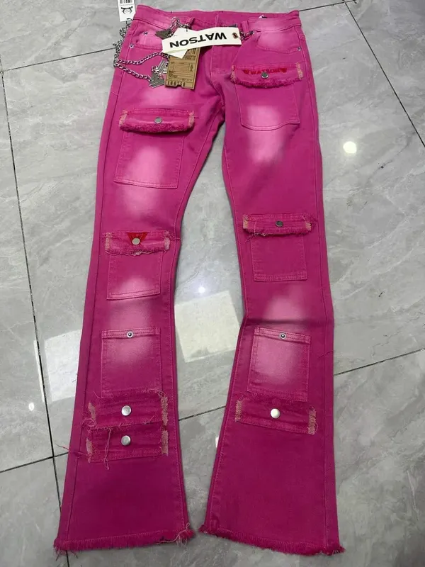2026 Men's Multi-Pocket High Street Quality Slim Fit Skinny Long Denim Flared Men Yellow Red Pink Jeans Pants
