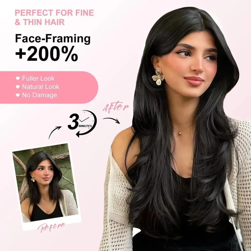 Black Clip in Hair Extensions for Women Long Straight Layered Synthetic Hair with 5 Clip One-Piece Design Soft & Face Framing 2
