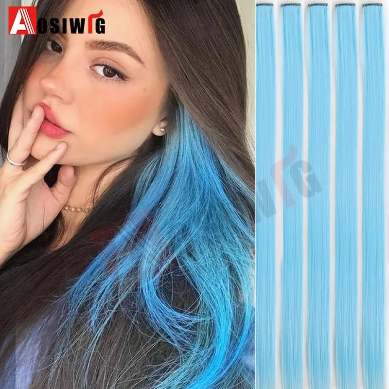 5PCS Long Straight Synthetic Purple Orange heat-resistant Hair Extensions Clip in 24 Inch Colored Party Highlights Hairpieces fo