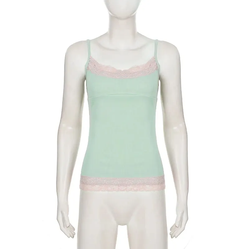 Sexy Lace Trim Patchwork Camisole Y2K Sleeveless Spaghetti Straps Cami Tops Summer Vacation Clothes Women Tank Coquette