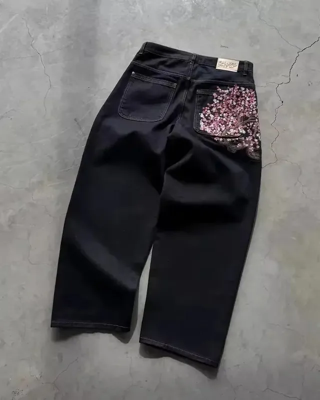Y2K Vintage Low Waist Hip Hop Cherry Blossom Embroidered Jeans Wide Leg Trousers Clothes Mens Embroidered Baggy Jeans Womes