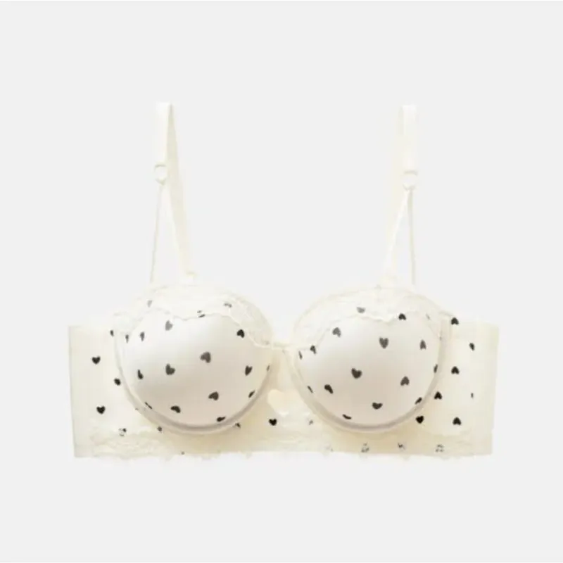 Kawaii Sweet Heart Lace Bra Panty Set Push Up Small Breast Side Collection Anti Sag Comfort Women Underwear Lingerie 32-38 Size