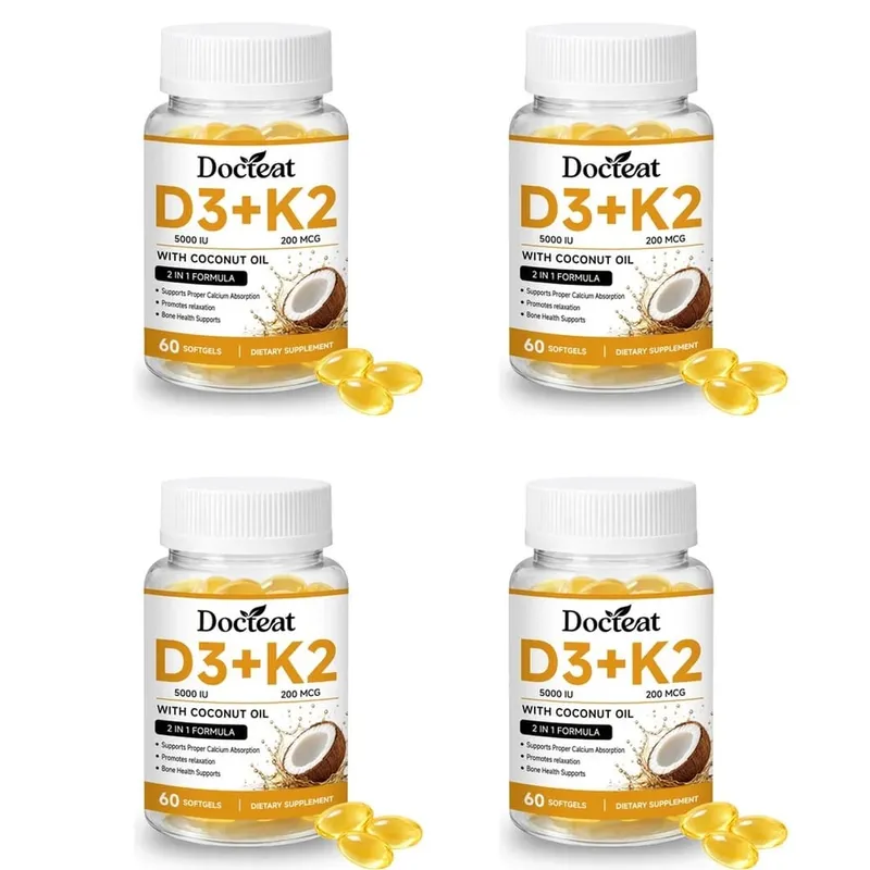Docteat Vitamin D3+K2 Softgels with Coconut Oil Vitamin D3 Vitamin K2 Calcium Absorption Bone Health for Men Women 60 Softgels