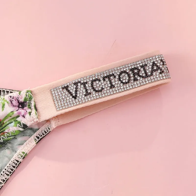 Victoria Secret Hot Sexy Lingerie Set Very Sexy Logo Shine Strap Tropical Floral Push Up Bra Shine Script Thong Panty