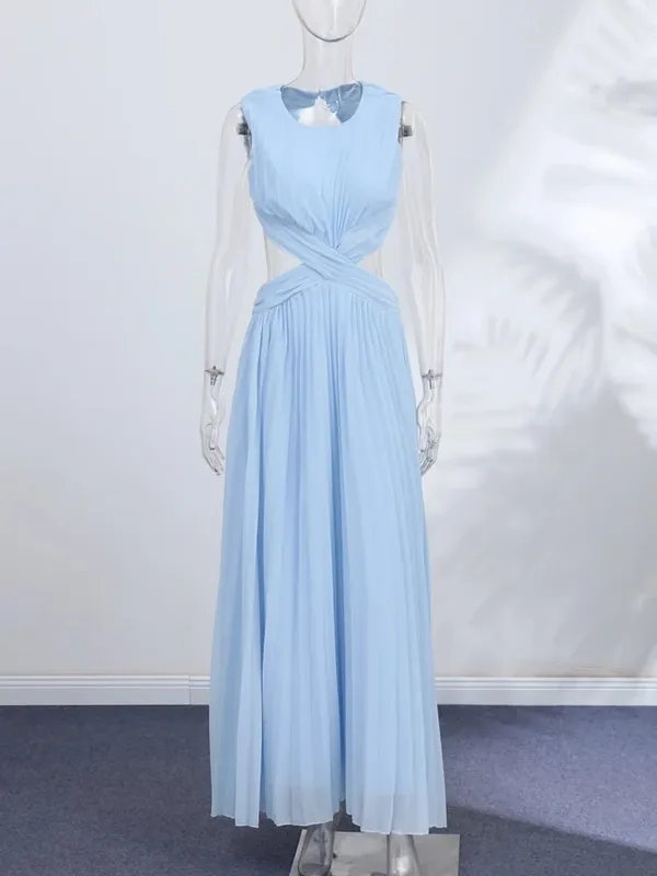 Hollow-out Pleated Maxi Dresses Women's Sleeveless Backless Waist-cinching O-neck Dress 2026 New Ladies Summer Vacation Outfit