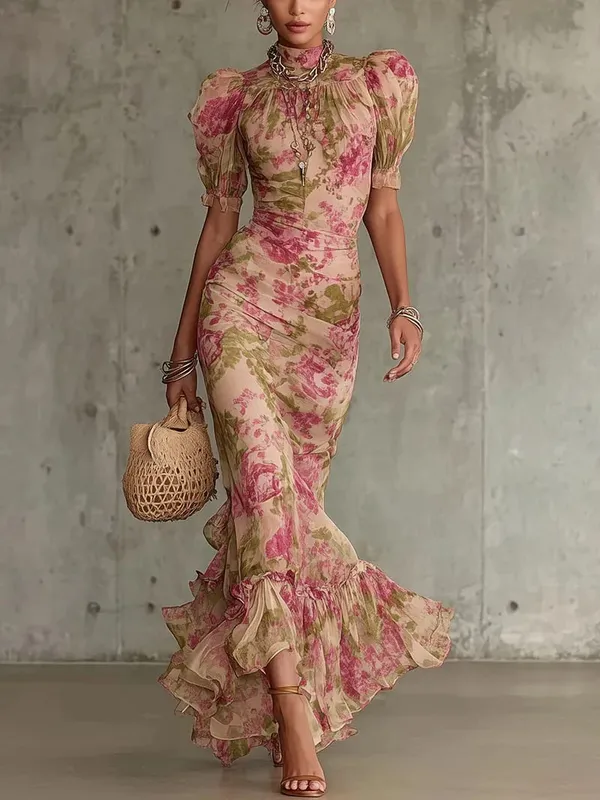 Organza Floral Printed Maxi Dress Fashion V-neck Puff Sleeve 2026 Spring/summer Romantic Women Party Gown Elegant Lady Vestidos