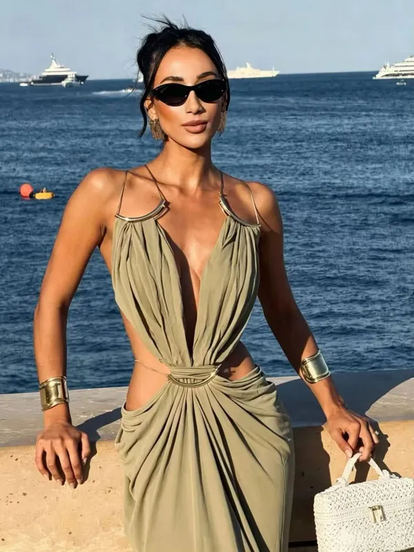 Solid Color Spaghetti Strap Sleeveless Maxi Gown Women Sexy Deep V Cutout Waist Ruched Evening Dress Summer Elegant Party Wear