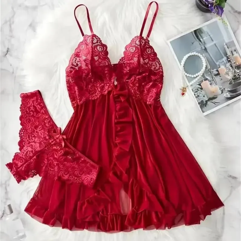 Red Sexy Lingerie Erotic Underwear Sets Transparent Porno Lace Bra And Panty Set Lingerie Women Hot Sleepwear Babydoll Dress — image 1