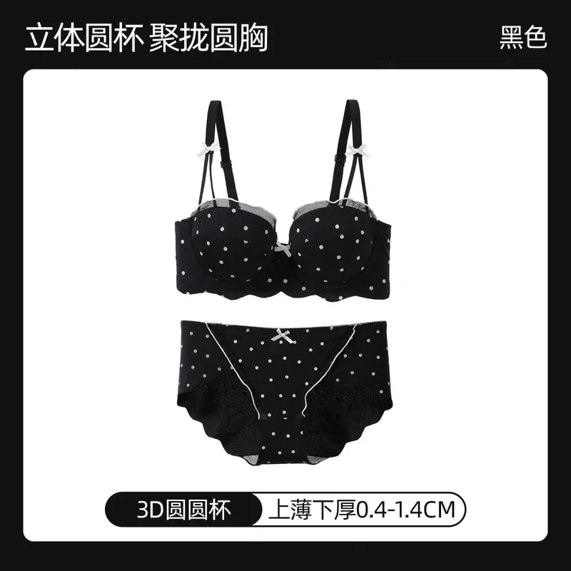 Ensemble Soutien-Gorge French Coquette à Pois Sans Armature Effet Push Up Pour Petite Poitrine Forme Pêche Confortable et Sexy