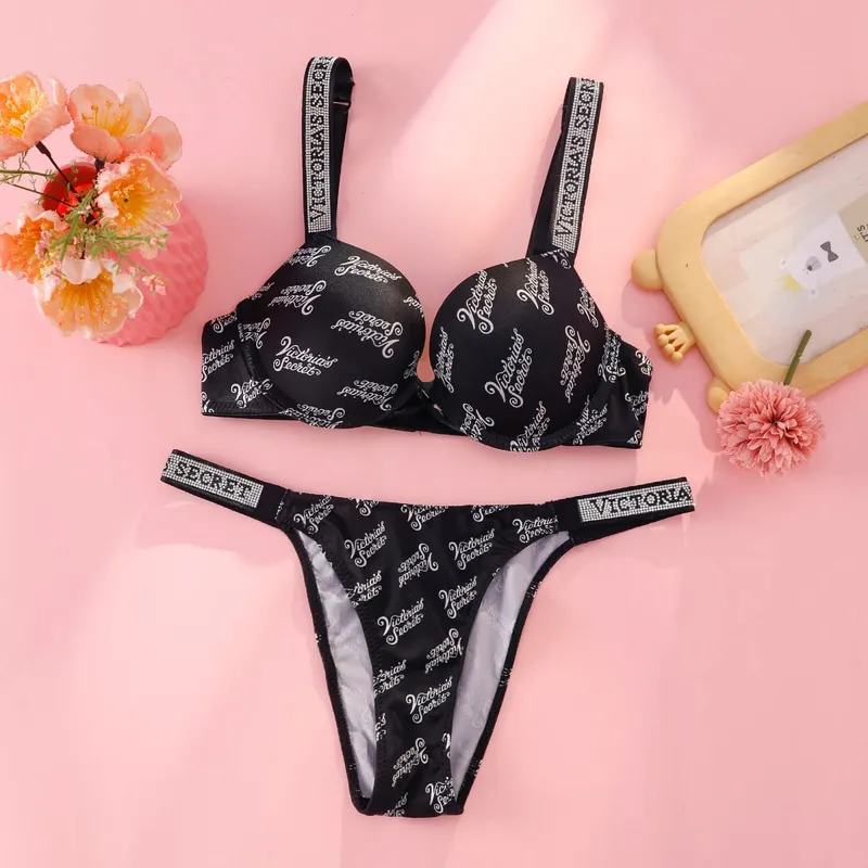 Victoria s Secret Rhinestone Logo Shoulder Straps Lace Underwear Sexy Lingerie Set Push Up Bra And Panties Set For Women