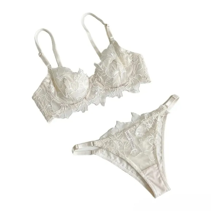 Set reggiseno imbottito con busto piccolo | Set di biancheria intima in pizzo ricamato e rete con morbido ferretto, comoda demi cup, mutandine sexy Tushy in PP