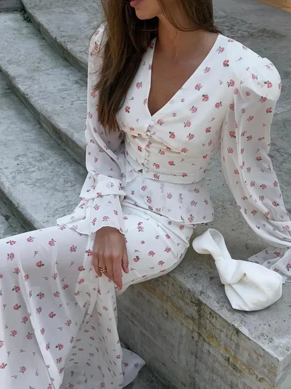 White Pink Floral Choker Neck Dress Women Elegant V-neck 3/4 Sleeves Peplum Ruffle Hem Long Dresses 2026 Lady Daily Vestidos New