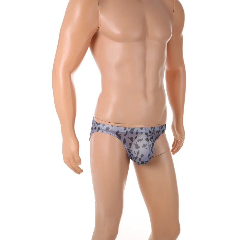 Men Sexy Briefs Underwear Mesh Sheer Ultra-Thin Underpants Big Penis Pouch See Through Panties Leopard Bikini