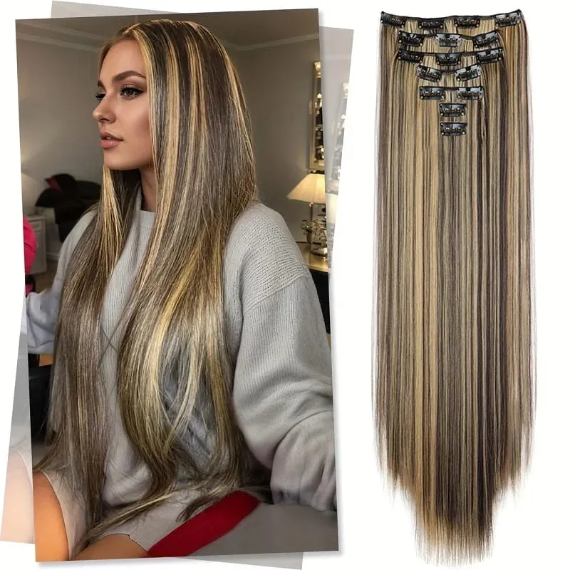 24Inch Synthetic 7pcs/set Long Straight Clip in Hair Extensions Invisible Fake Clips on Hairpieces for Women Party Daily Use