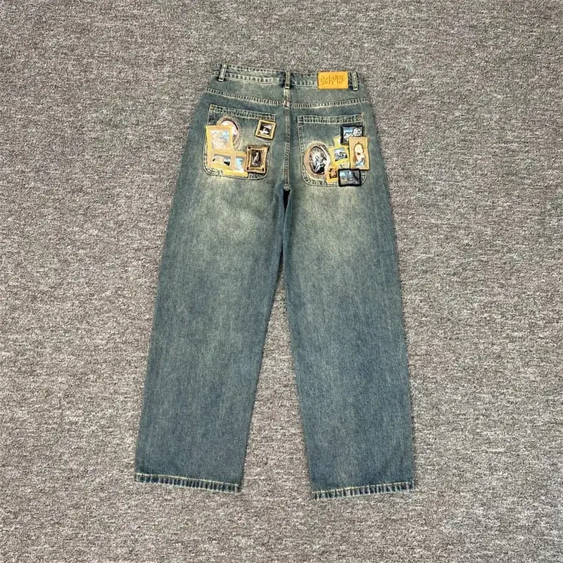 Nặng Thêu Hoa Derschutze Quần Jean Nam Nam Nữ 1:1 Chất Lượng Tốt Nhất Vintage Derschutze Nữ Chân Thẳng Quần Denim