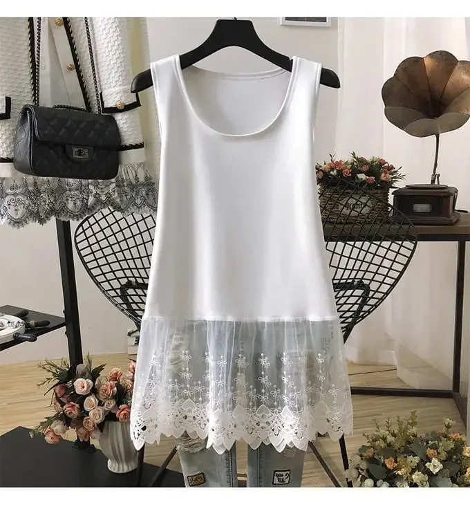 Straat Casual Kant Patchwork Tanks Zomer Nieuwe Mouwloze Effen Kleur Losse Jeugd Wit T-shirt Tops Mode Trend Dameskleding