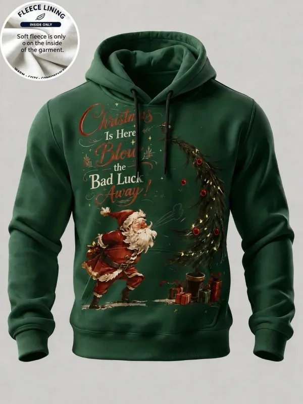 3D Print Christmas Fleece Hoodie Funny Santa Blowing Christmas Tree Pullover Long Sleeve Kangaroo Pocket Xmas Sweatshirt