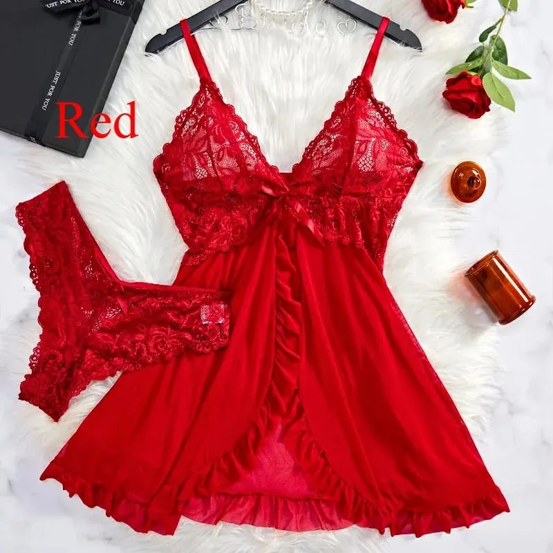 Women's Sexy Lace V-Neck Babydoll Lingerie Set 2 Piece Soft Nightdress with Panty Sleepwear for Honeymoon S-XL