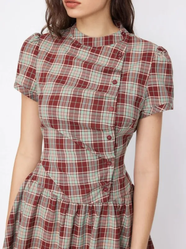Women's Vintage Plaid A-Line Dress Short Sleeve Stand Collar Button down Pleated Mini Dress Casual Elegant Fashion