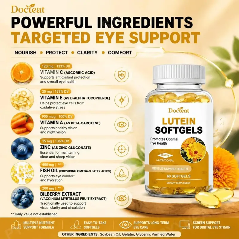 Docteat Lutein Zeaxanthin Softgels with Bilberry Fish Oil Astaxanthin Eye Health Daily Wellness Supplement for Adults60 Softgels