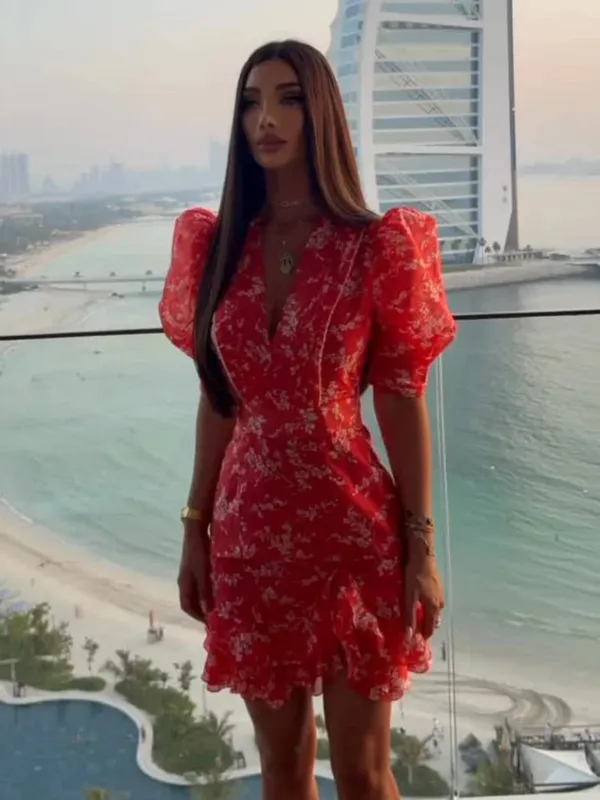 Women Red Floral Printed V-neck Short Sleeved Dress Puff Sleeve Waist Trim Ruffle Slit Hem Mini Dresses 2026 Summer Party Gowns