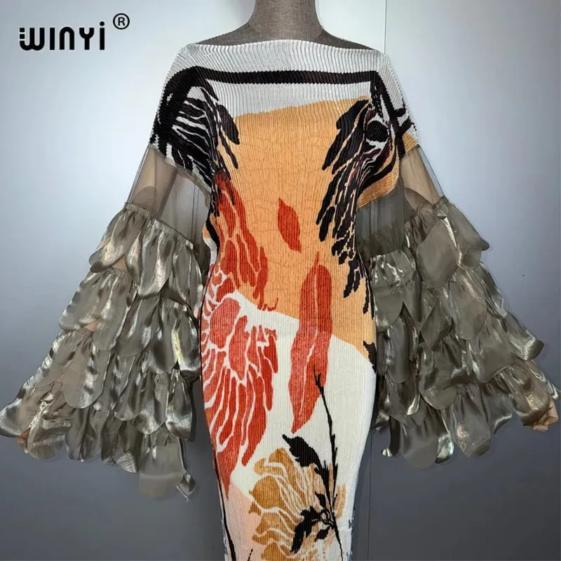 Elastic Slim Pleated Dress Beach Cover Up Boho Kaftan Abaya Dubai Luxury Party Dress Long Down Muslim Woman Evening Dress