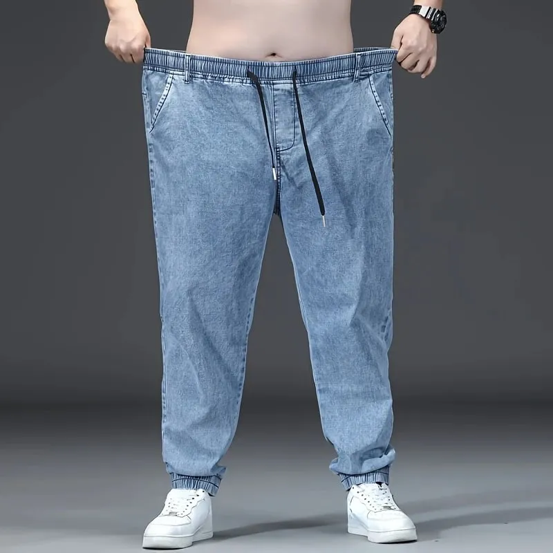 Men's Elastic Waist Loose Straight Jogger Jeans Plus Size Cuffed Ankle Denim Pants pantalones hombre Casual Trousers